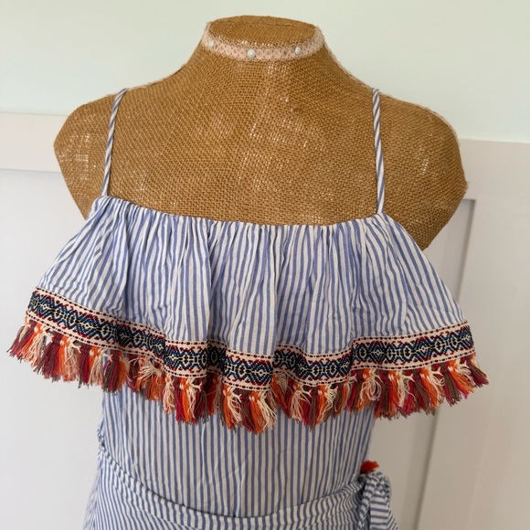 THML Wrap Maxi Dress Women’s Large Blue White Stripe Tribal Fringe Tassels lined - Picture 2 of 10